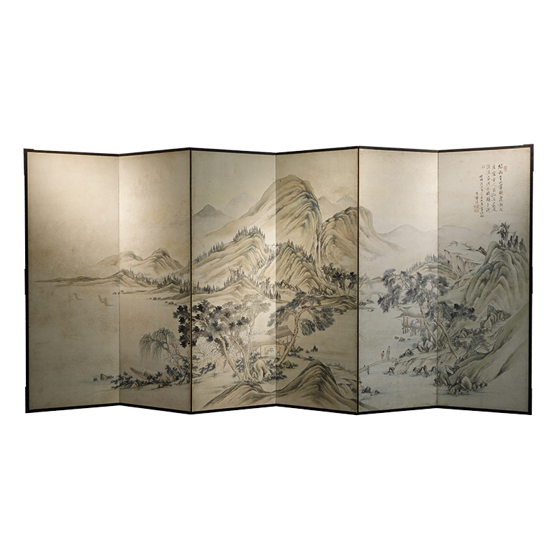 c. 1877, Late 19th Century 6-panel Japanese Screen, Ink Landscape