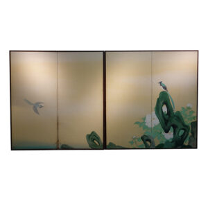 Mid 20th Century 2-penal Japanese Screen Pair, Birds and Flowers in Srping