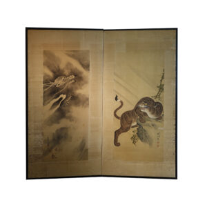 Late 19th Century Signed and Sealed 2-panel Japanese Screen, Dragon & Tiger, Japanese Ink Painting