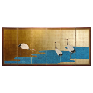 20th century Japanese screen with cranes along river