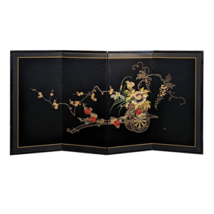 20th Century Japanese 4-Fold Embroidered Screen Spring Flower Cart