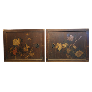 Late Edo Period to Meiji Period Japanese Painted Wooden Pair Doors, Mineral Peonies