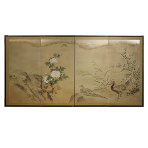 20th Century Japanese Screen, Ducks Along River with Peonies