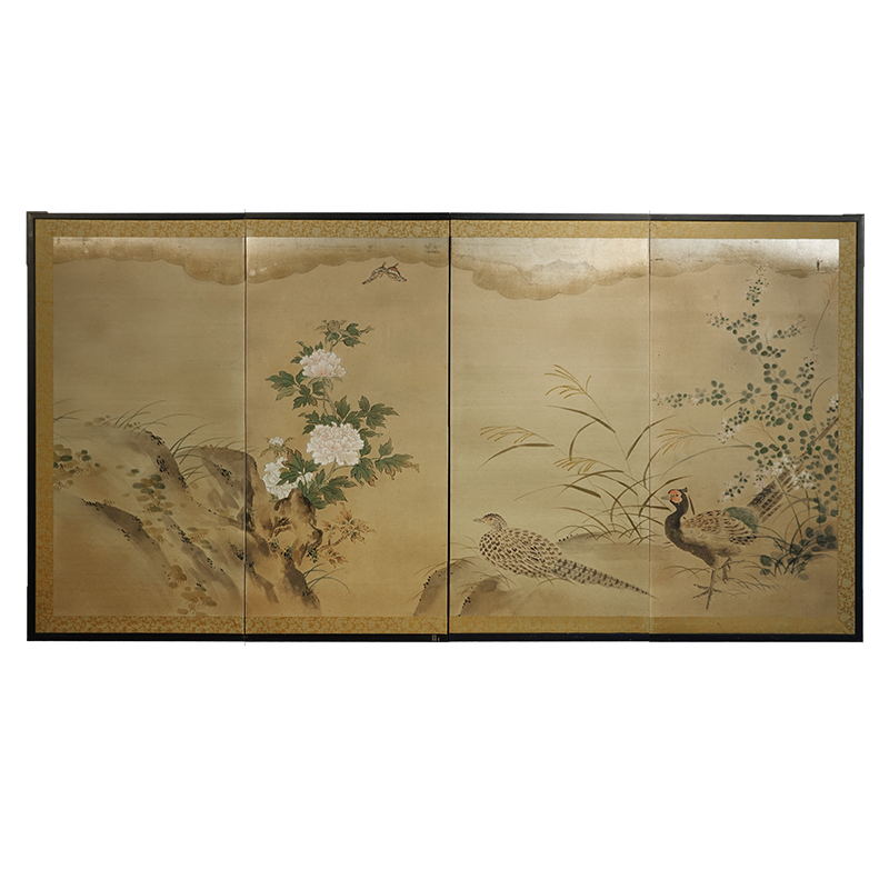 20th Century Japanese Screen, Ducks Along River with Peonies