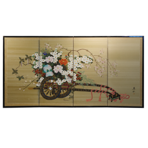 Hanaguruma Flower Cart, 1970s Showa Period Japanese Screen