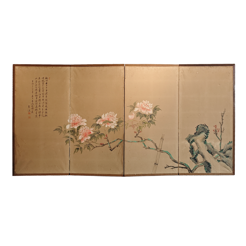 1820s/1830s Late Edo Period Japanese Screen, Peony on Rock