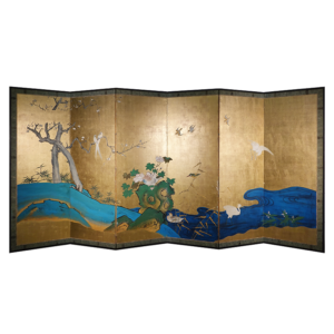 1930s Showa Period Japanese Screen, Birds and Flowers by A Stream