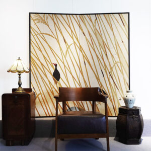 1950s/1960s Showa Period Japanese Screen, Birds in Paddy Field