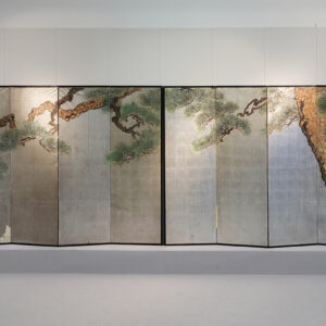 100 Years Old Japanese Screen, Pine Tree on Silver - Image 2