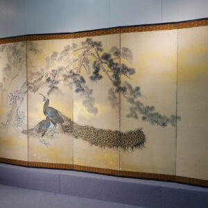 Two Peacocks Under Pine Trees, Late Edo Period Japanese Screen - Image 2