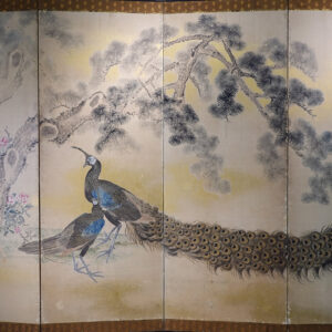 Two Peacocks Under Pine Trees, Late Edo Period Japanese Screen - Image 3