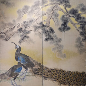 Two Peacocks Under Pine Trees, Late Edo Period Japanese Screen - Image 5