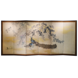 Late Edo Period Japanese Screen, Two Peacocks Under Pine Trees