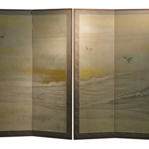 Late Edo 19th Century Japanese Screen, Birds Above Waves in the Gold Mist - Image 2