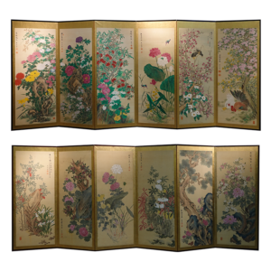 Late Edo 19th Century Japanese Screen, Four Season Flowers Masterpiece Silk Screen
