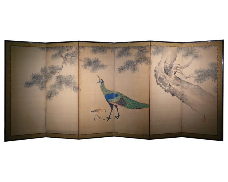 Late Edo Period Japanese Screen, Peacock Under Pine Tree