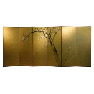 Late Edo to Meiji Period Japanese Screen, Plum Tree Gilt Screen