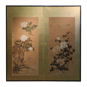 19th Century Japanese Screen, Peonies and Rock
